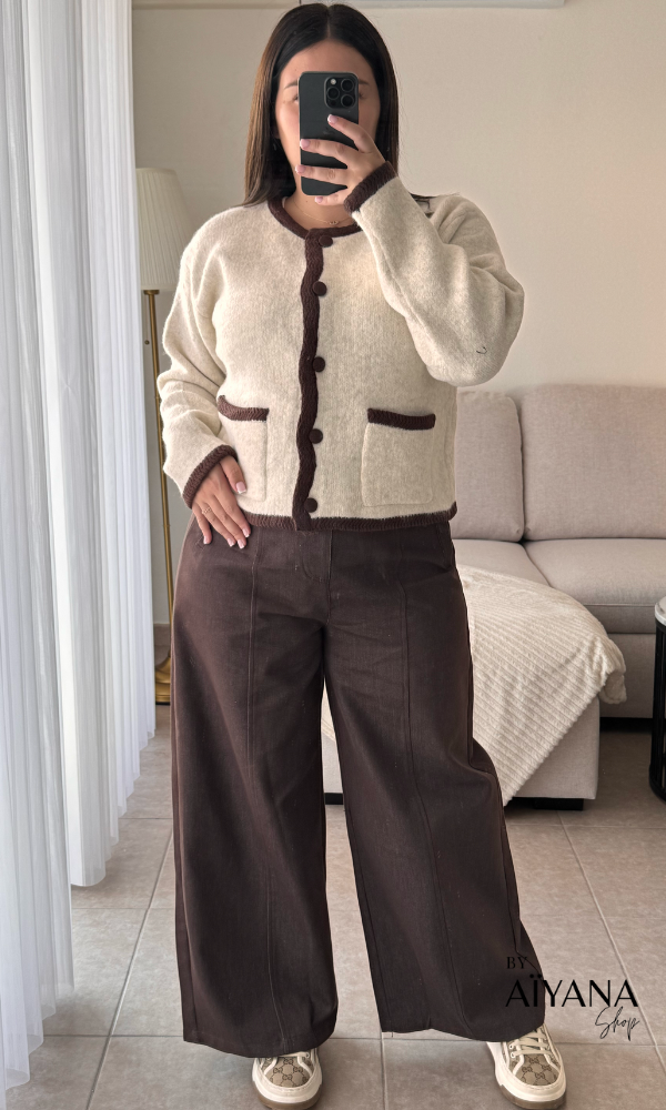 Cardigan Crème Liseré Marron