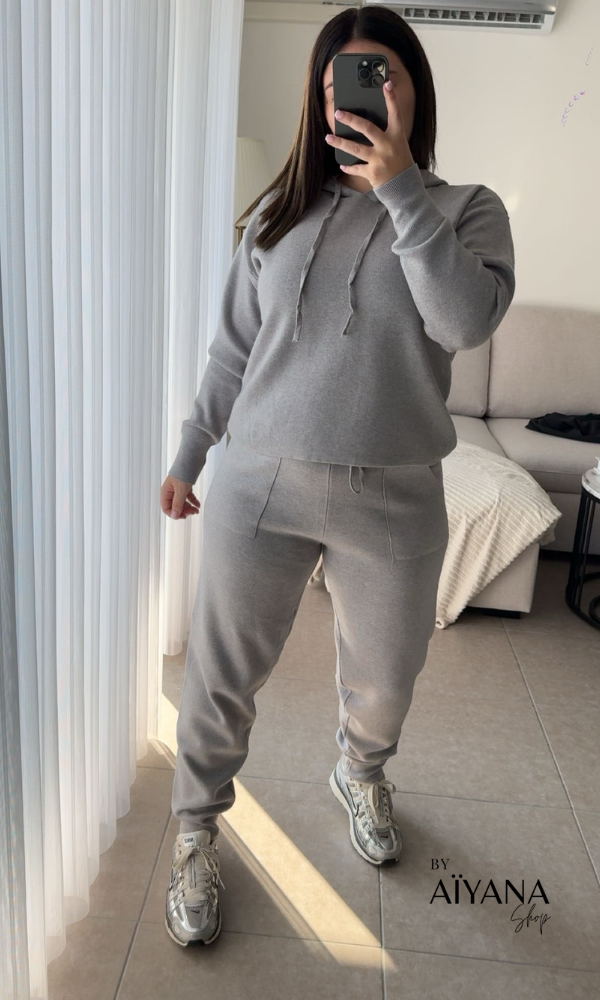 Jogging Maille Gris avec Capuche