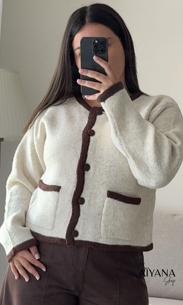 Cardigan Crème Liseré Marron