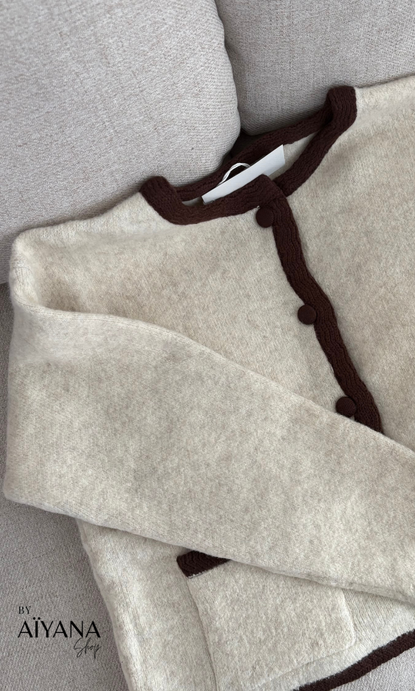 Cardigan Crème Liseré Marron