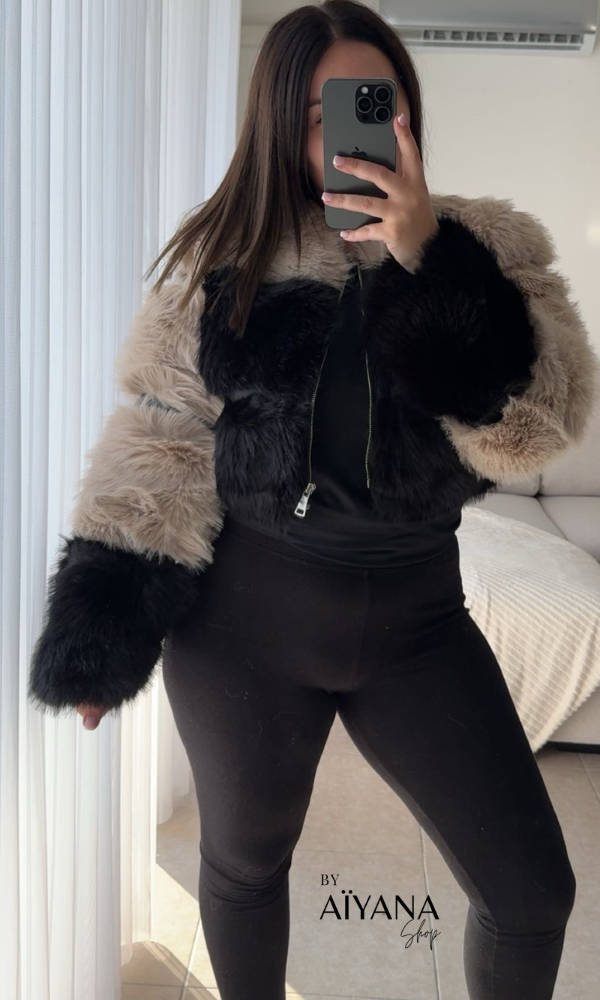 Veste Crop en Fourrure Noire et Beige