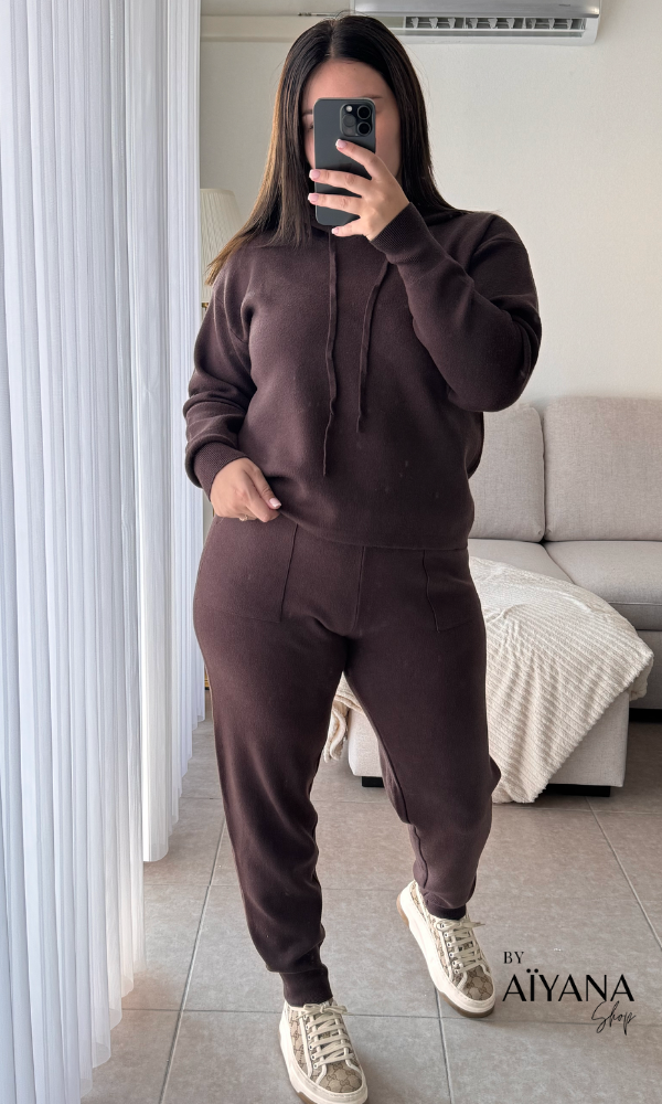 Jogging Maille Marron avec Capuche