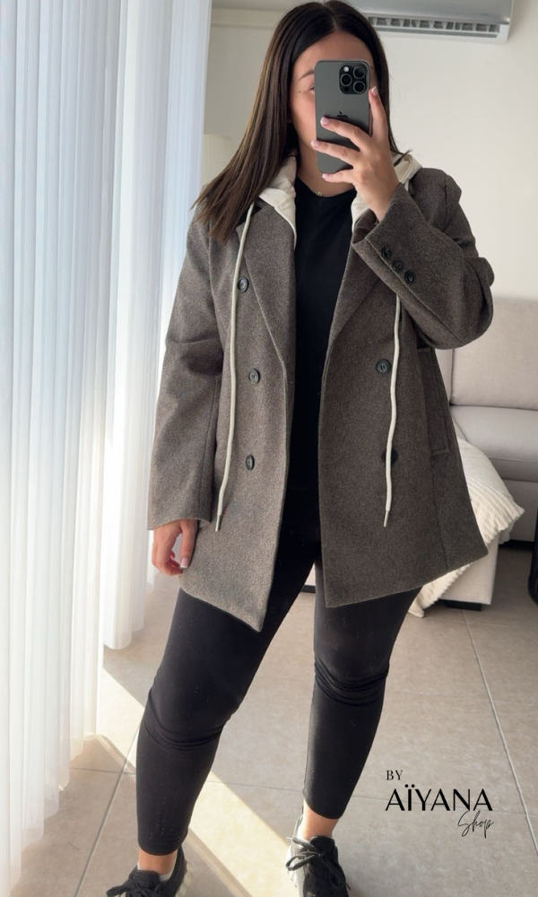 Manteau Marron Chiné avec Capuche Amovible